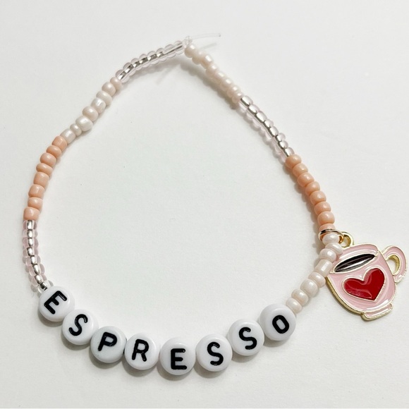 Sabrina Carpenter Espresso Beaded Friendship Bracelet with Pink Coffee Cup Charm - Picture 1 of 1
